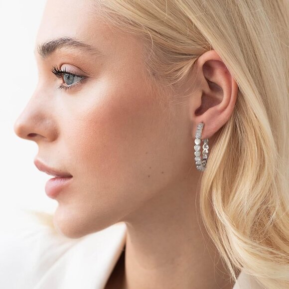 925 Silver-30mm Heart Cubic Zirconia Large Rhinestone Hoop Earrings for Womens - Picture 4 of 7